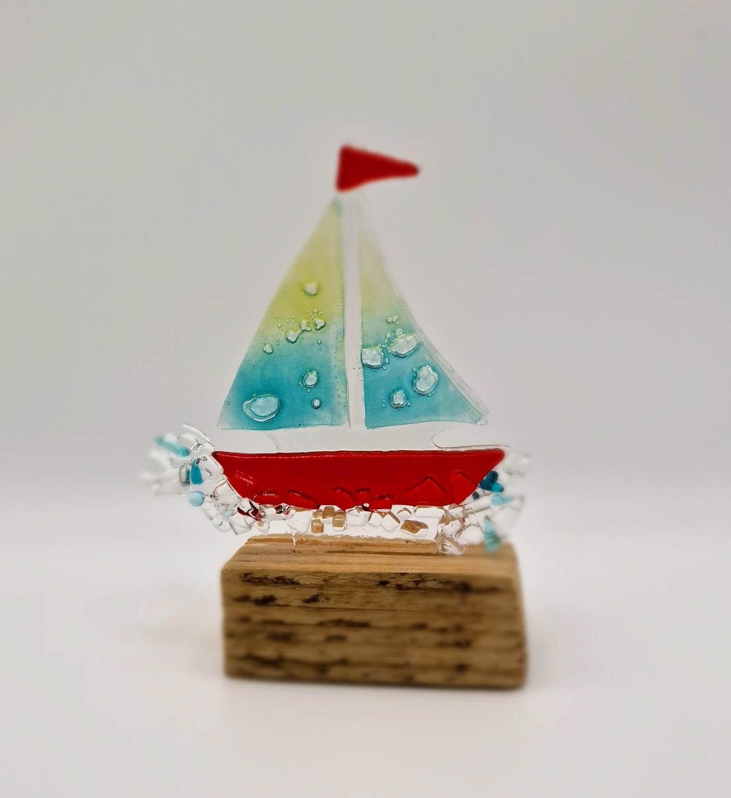 Little Red Sailboat in Fused Glass and Wood