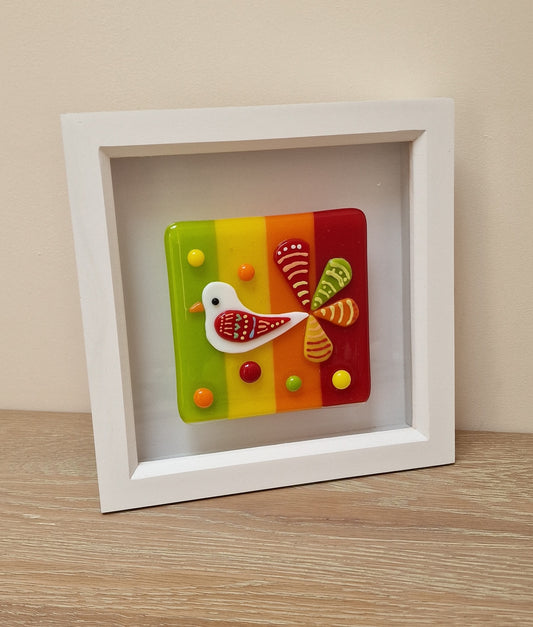Colourful bird art box frame - green/yellow/orange/red