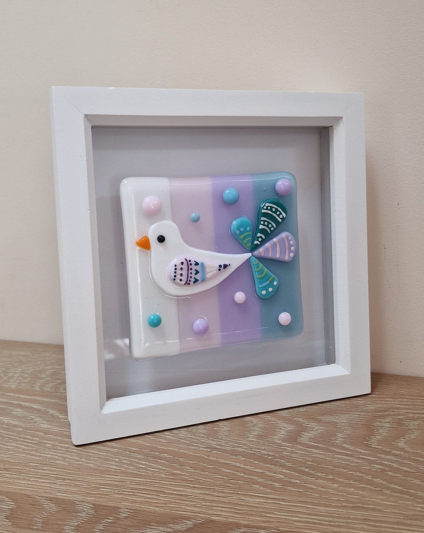 Colourful bird art box frame - white/pink/lilac/blue