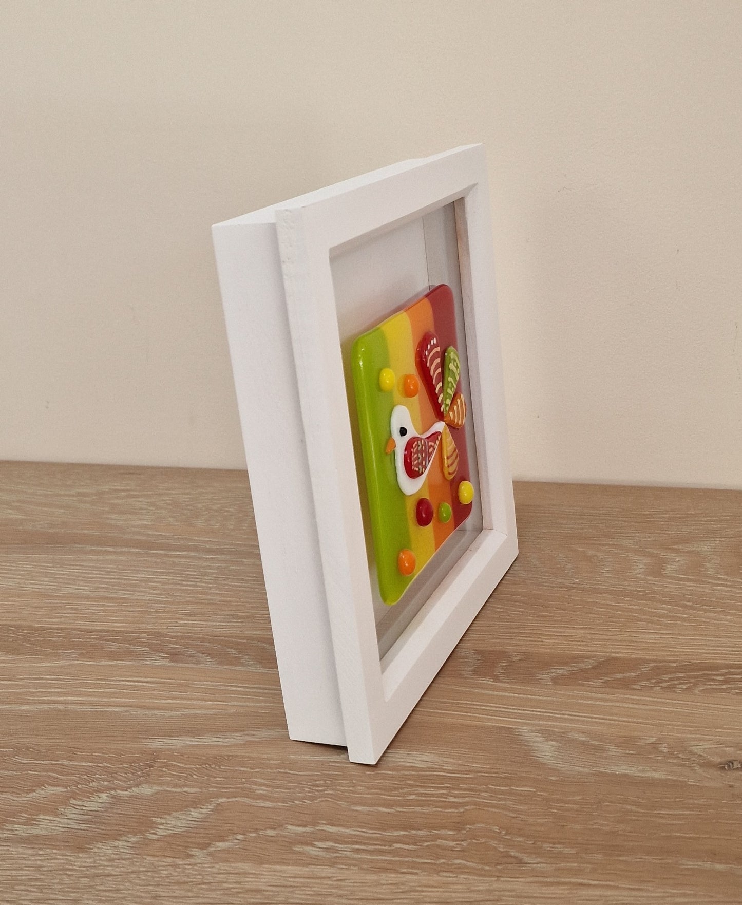 Colourful bird art box frame - green/yellow/orange/red