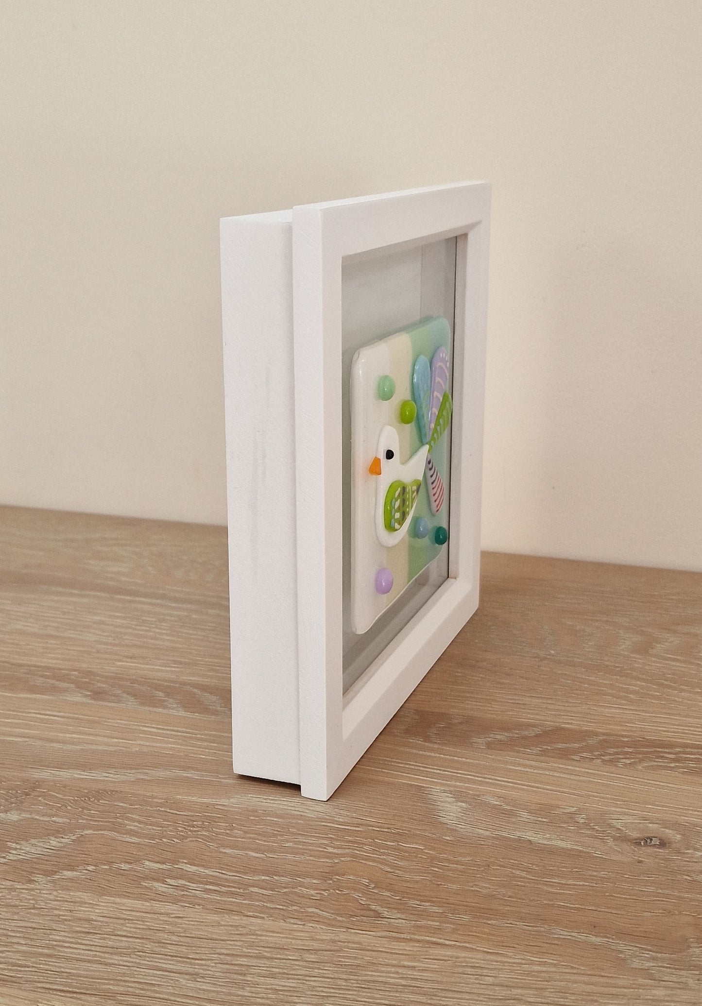 Colourful bird art box frame - white/cream/mint/blue