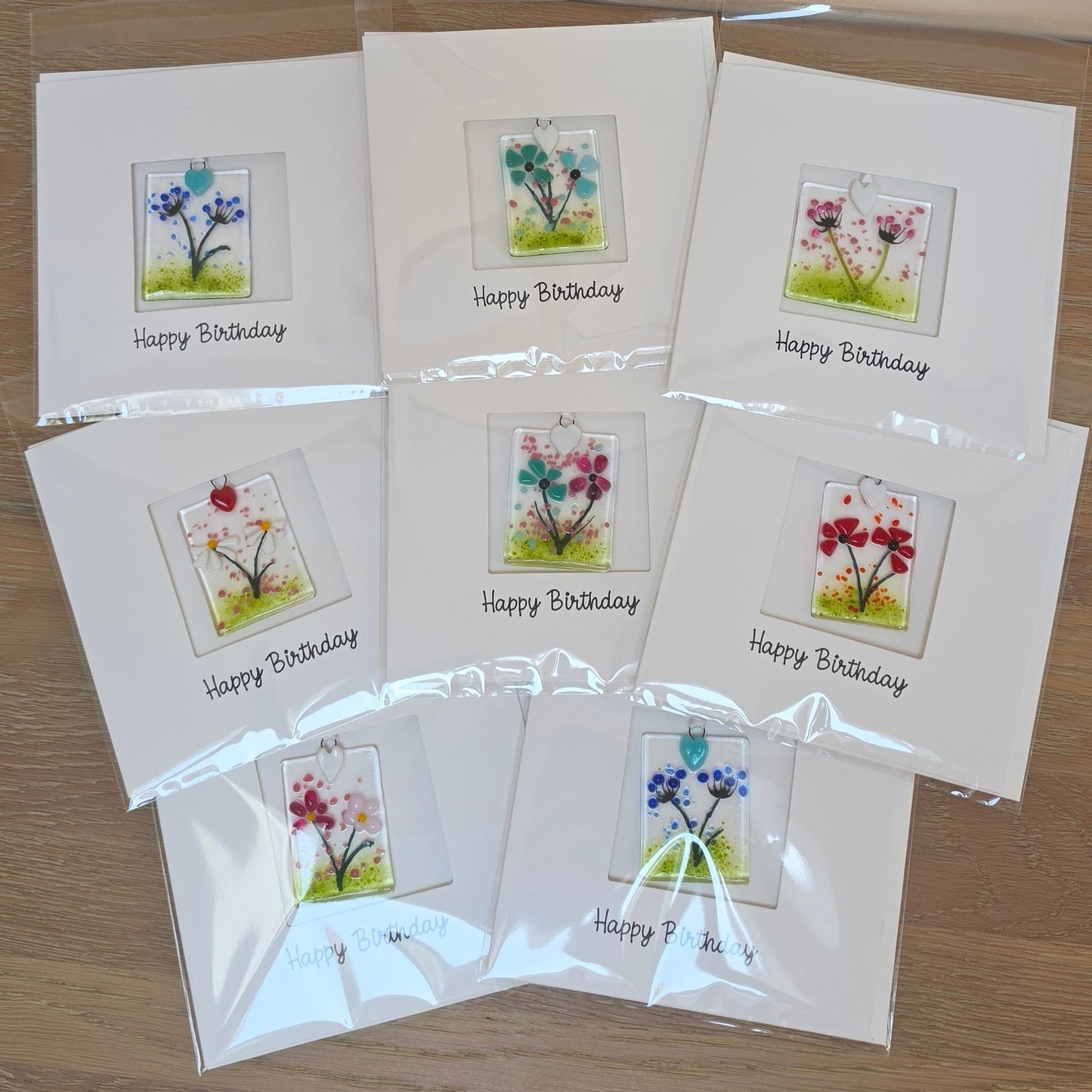 Happy Birthday card with handmade gift glass floral suncatcher -Daisies rectangle