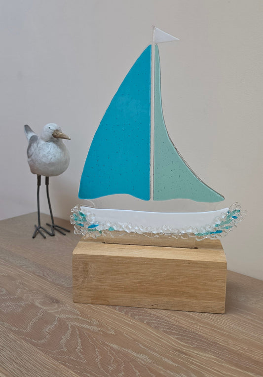 Sea Blues Sailboat handmade fused glass decorative art