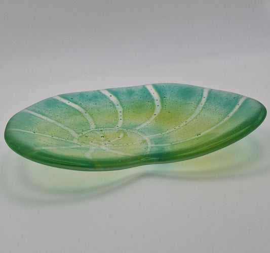 Ammonite fused glass dish in sea blues