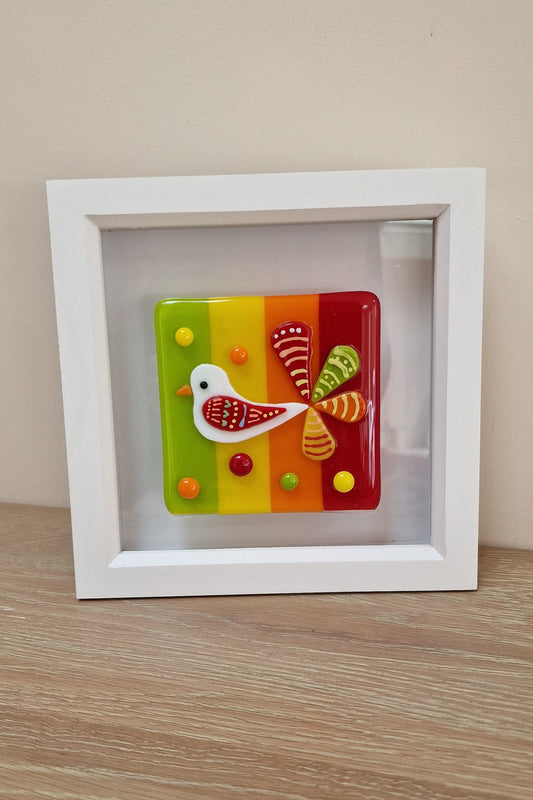 Colourful bird art box frame - green/yellow/orange/red
