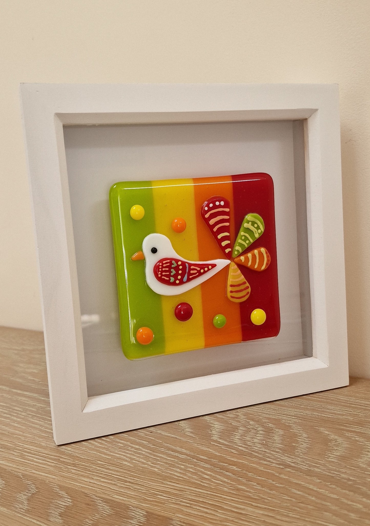 Colourful bird art box frame - green/yellow/orange/red