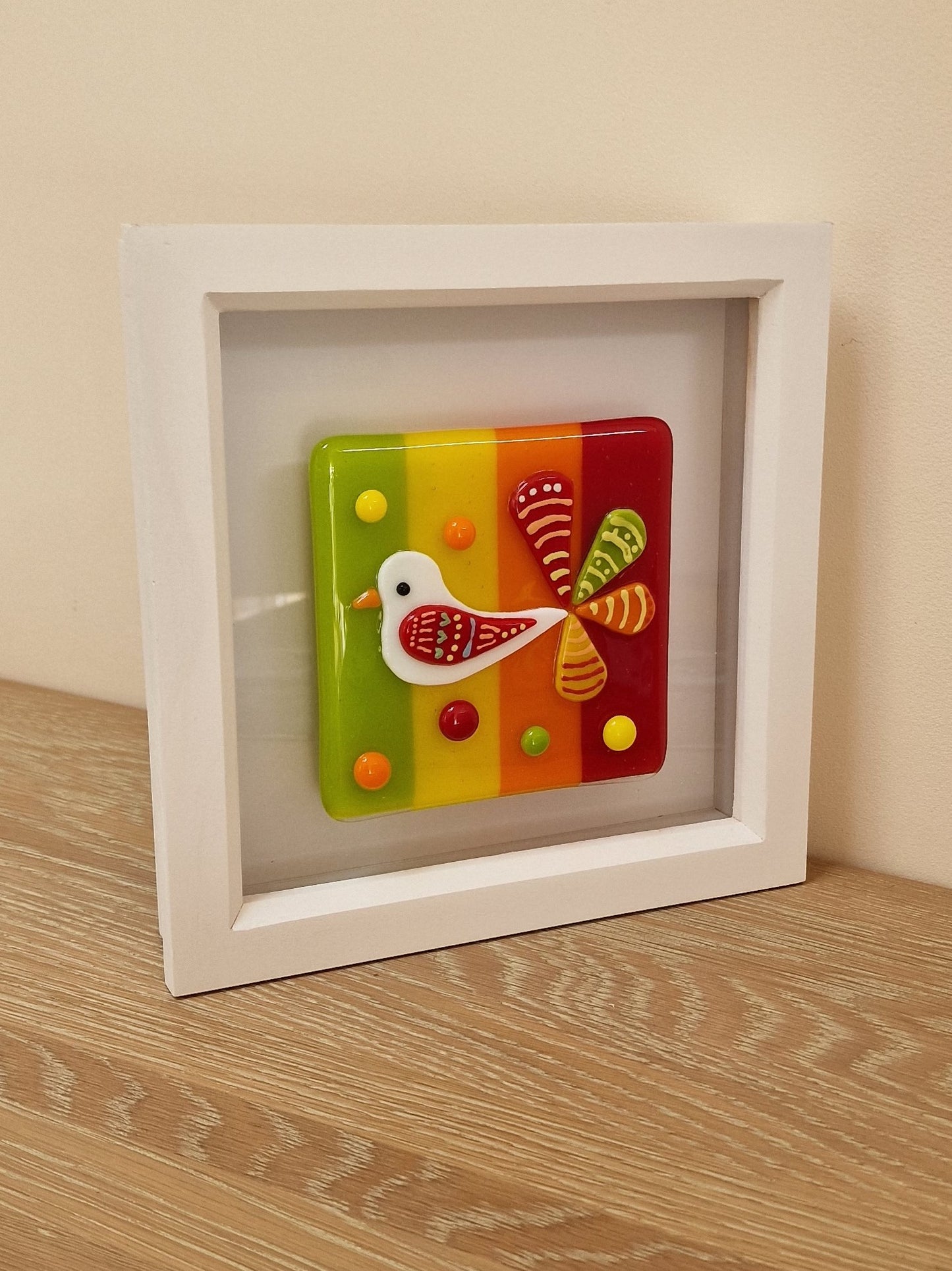 Colourful bird art box frame - green/yellow/orange/red