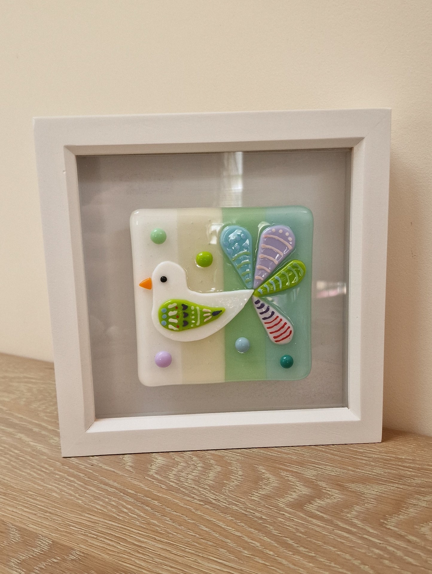 Colourful bird art box frame - white/cream/mint/blue