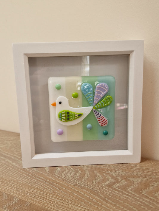 Colourful bird art box frame - white/cream/mint/blue