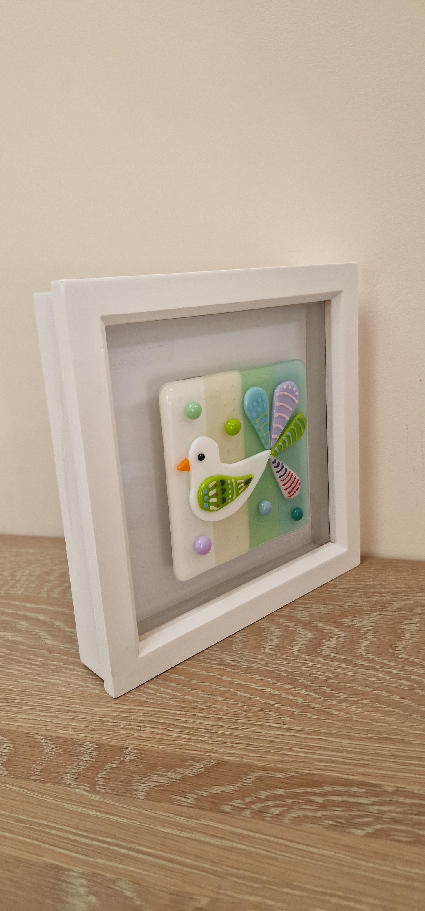 Colourful bird art box frame - white/cream/mint/blue