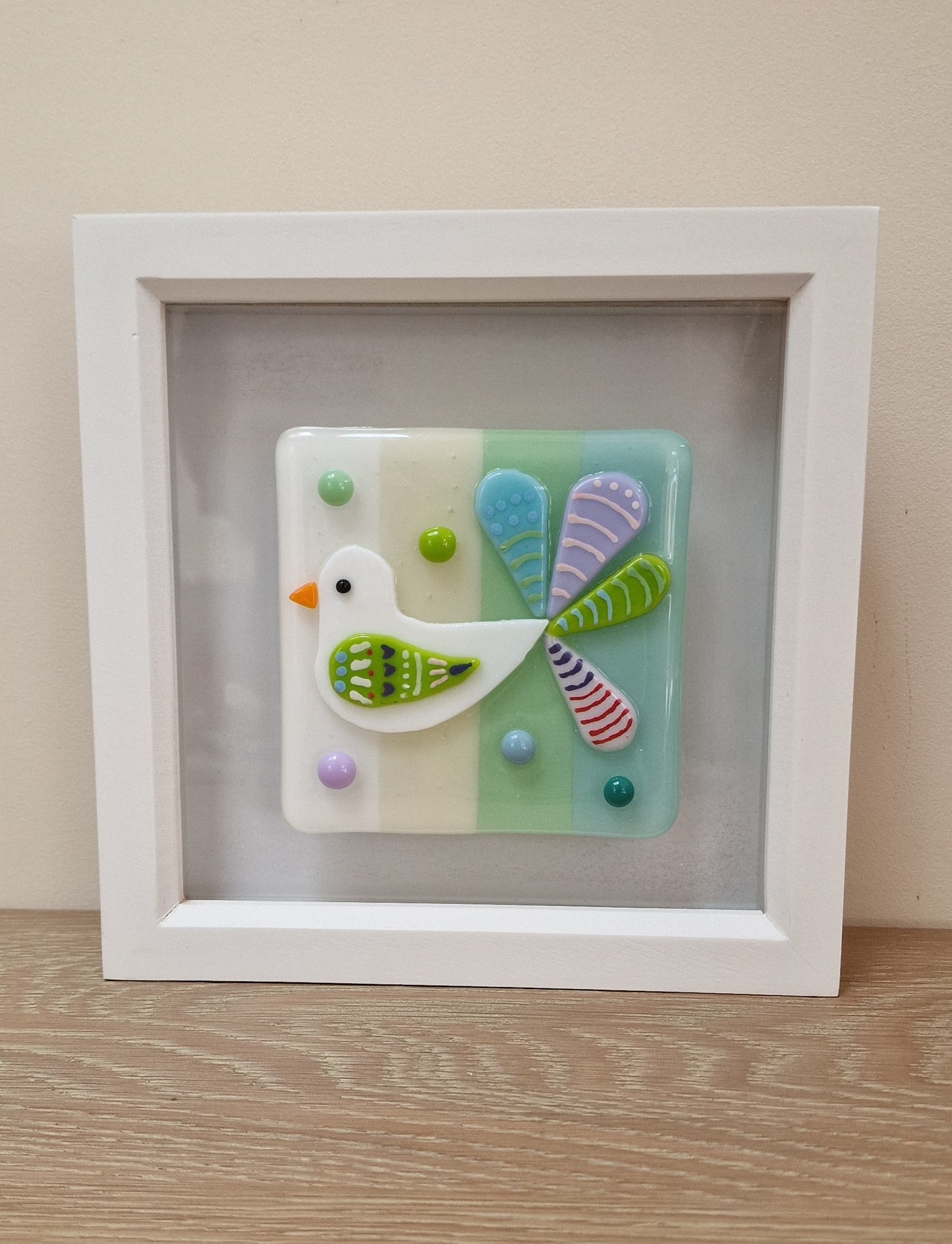 Colourful bird art box frame - white/cream/mint/blue