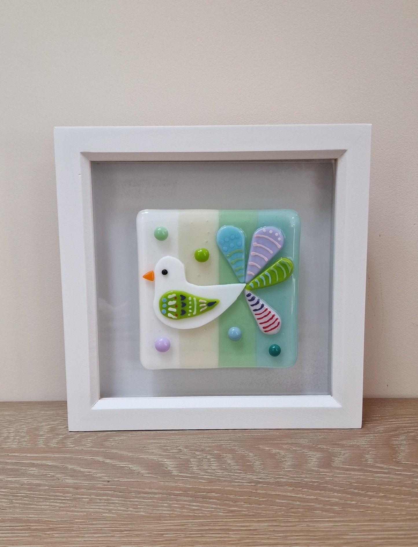 Colourful bird art box frame - white/cream/mint/blue