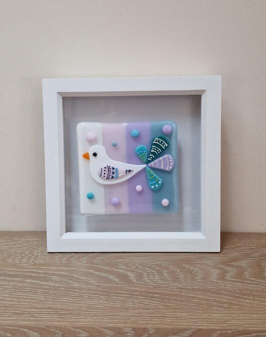 Colourful bird art box frame - white/pink/lilac/blue