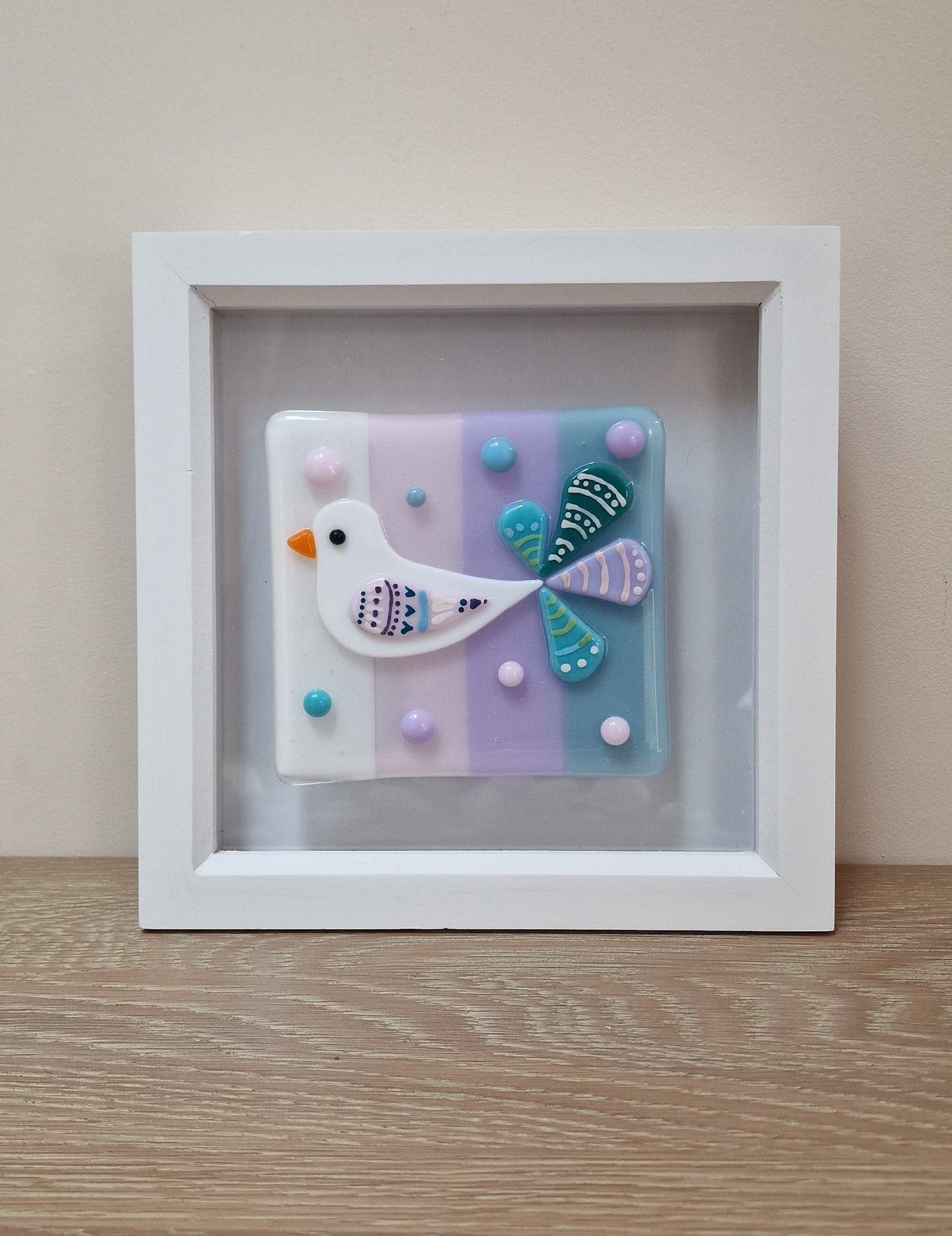Colourful bird art box frame - white/pink/lilac/blue