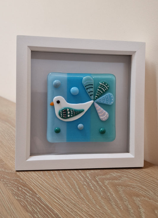 Colourful bird art box frame - blues