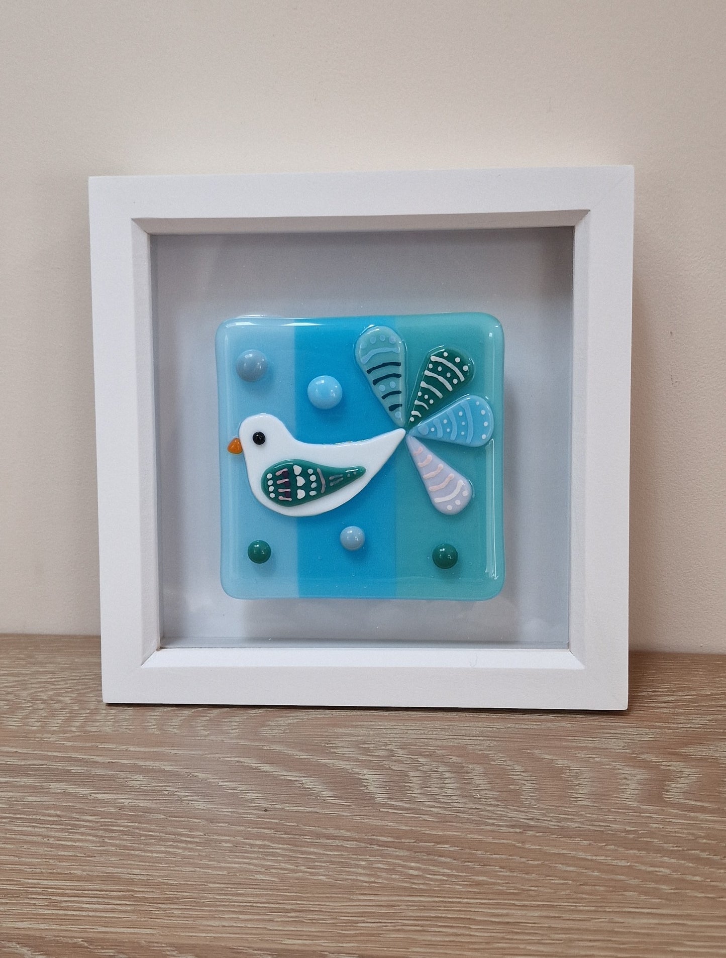 Colourful bird art box frame - blues