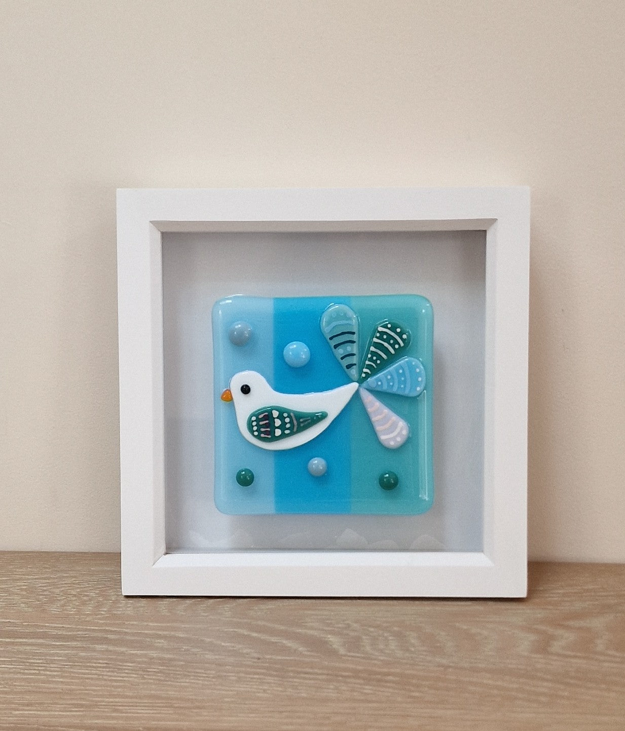 Colourful bird art box frame - blues
