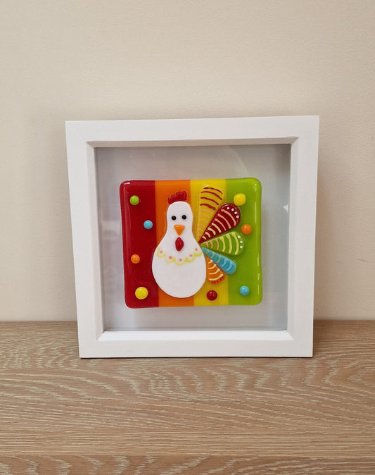Colourful Chicken art box frame - yellow/orange/red/green