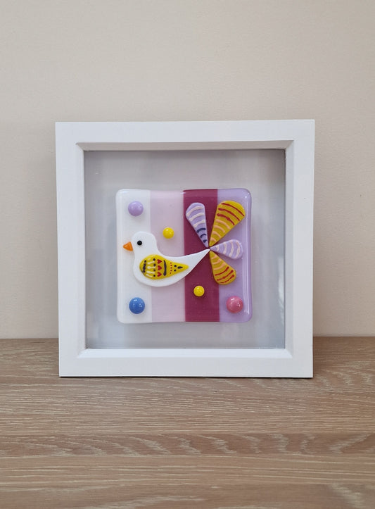 Colourful bird art box frame - white/pink/lilac