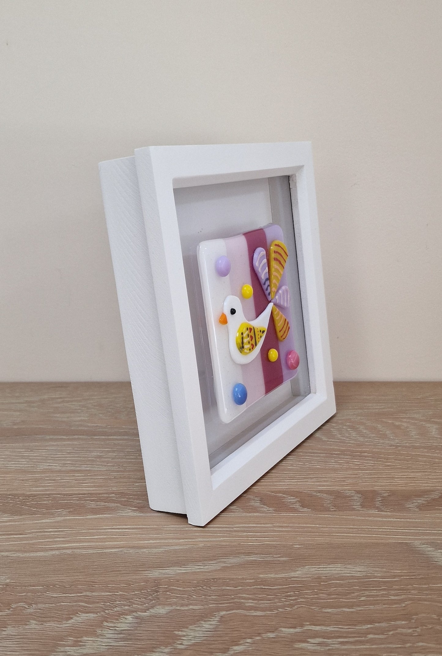 Colourful bird art box frame - white/pink/lilac