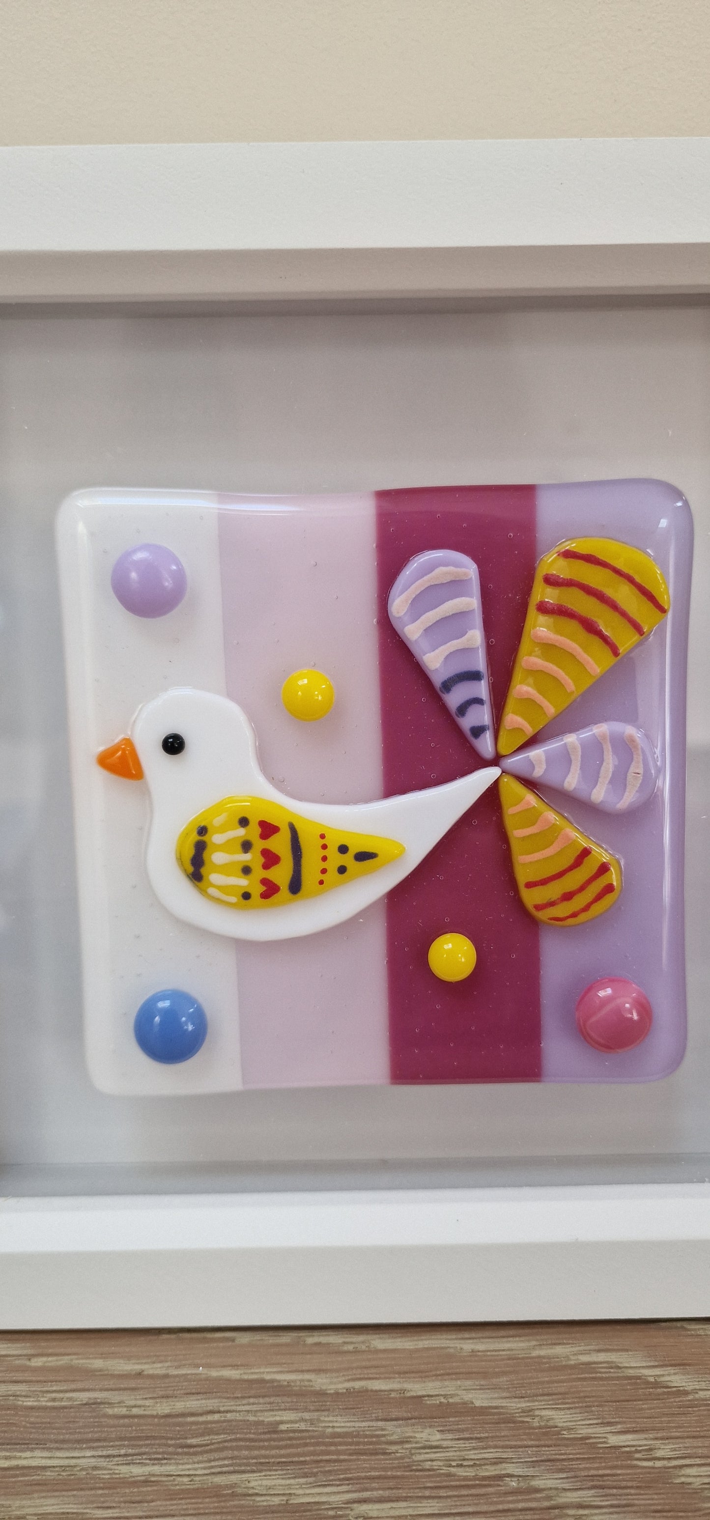 Colourful bird art box frame - white/pink/lilac