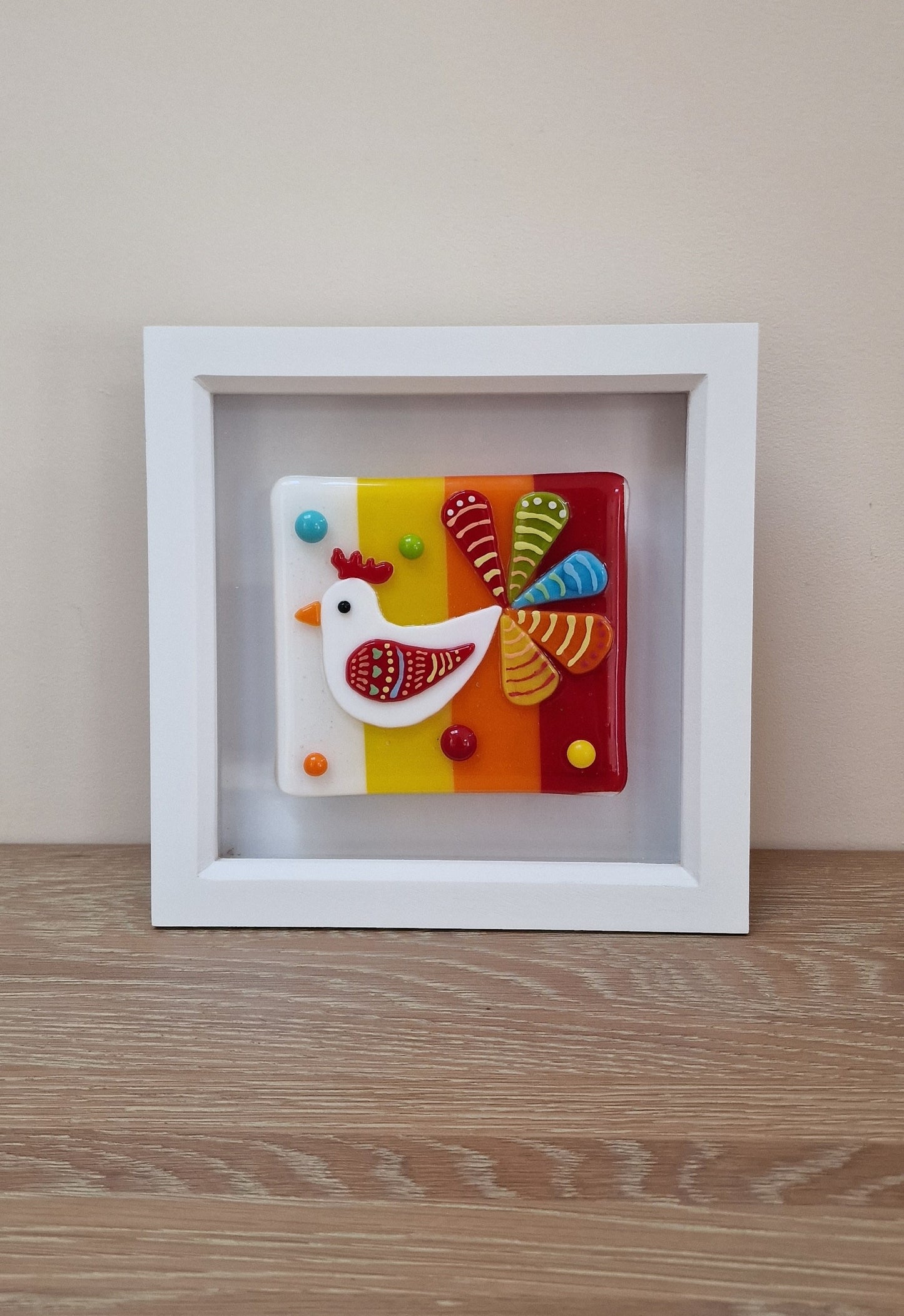 Colourful Chicken art box frame - white/yellow/orange/red