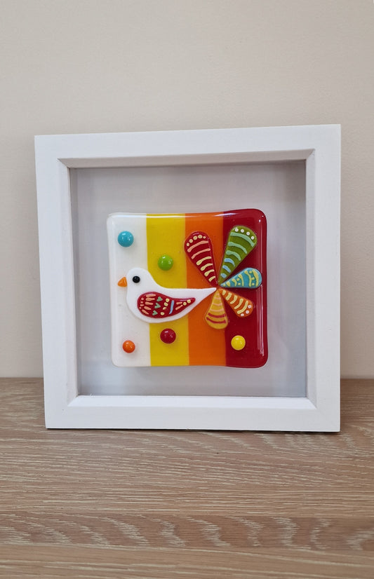 Colourful bird art box frame - white/yellow/orange/red