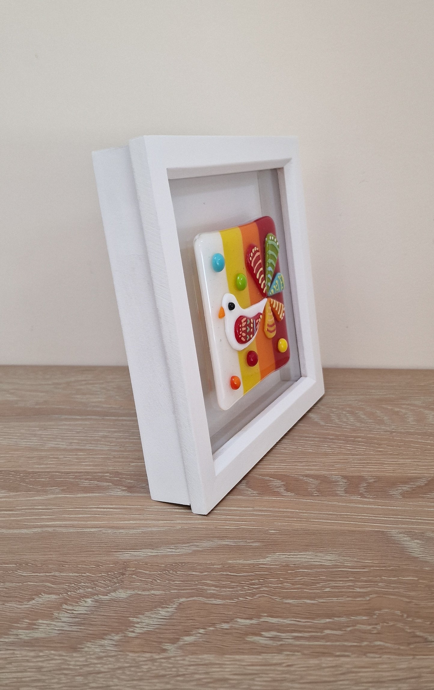 Colourful bird art box frame - white/yellow/orange/red
