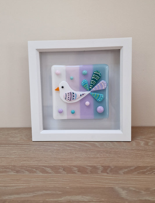 Colourful bird art box frame - white/pink/lilac/blue