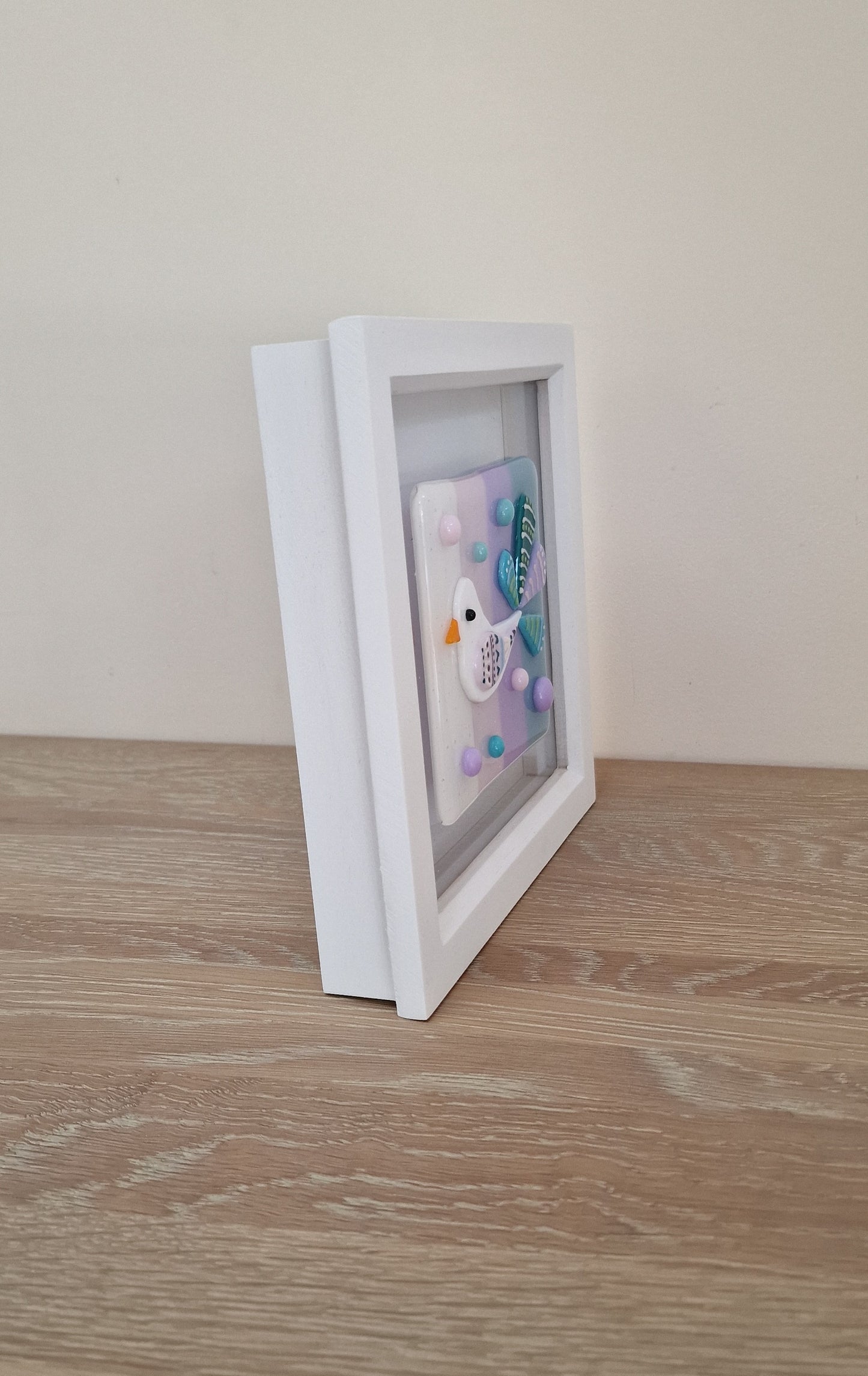Colourful bird art box frame - white/pink/lilac/blue