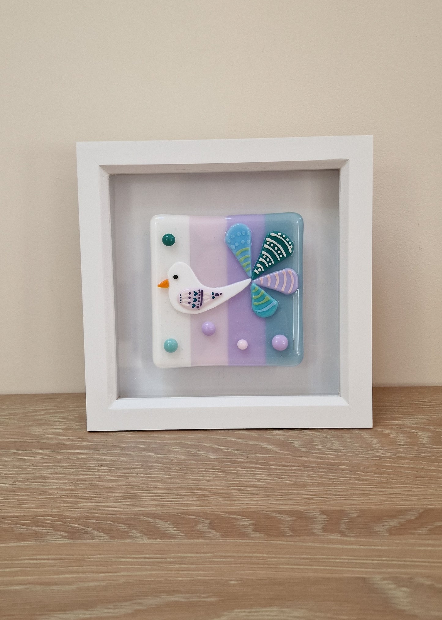 Colourful bird art box frame - white/pink/lilac/blue