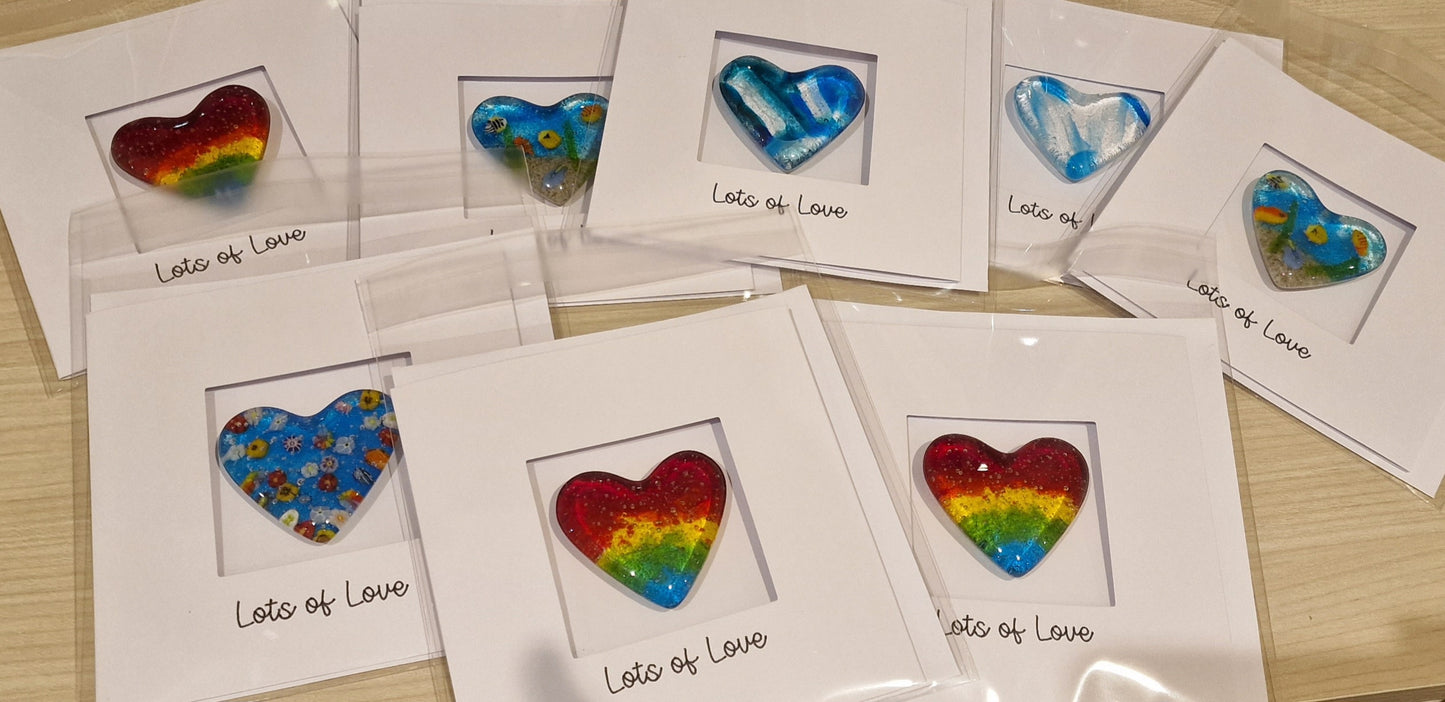 Lots of Love Card with handmade Glass Heart Keepsake/ Pocket Hug - Sea Blues