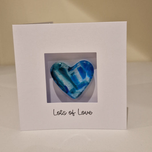 Lots of Love Card with handmade Glass Heart Keepsake/ Pocket Hug - Sea Blues