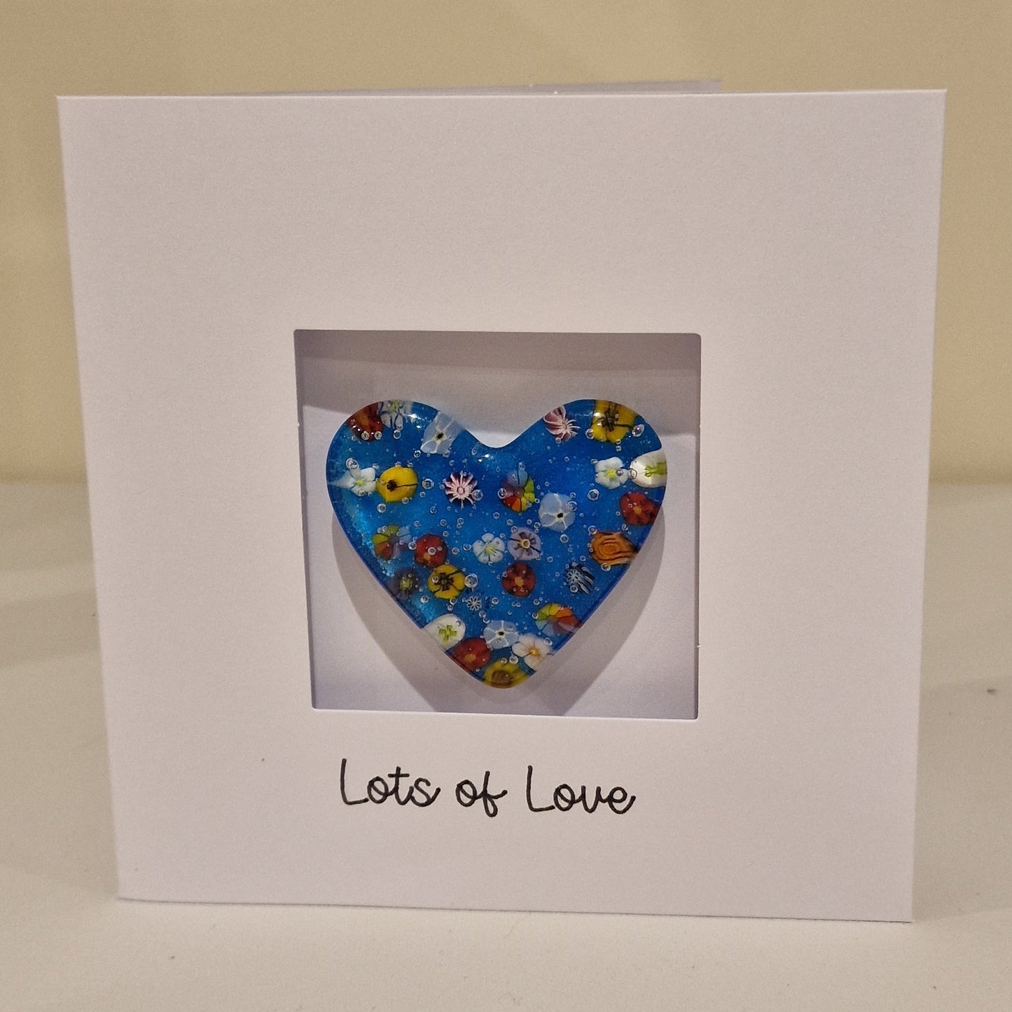 Lots of Love Card with handmade Glass Heart Keepsake/ Pocket Hug - Floral