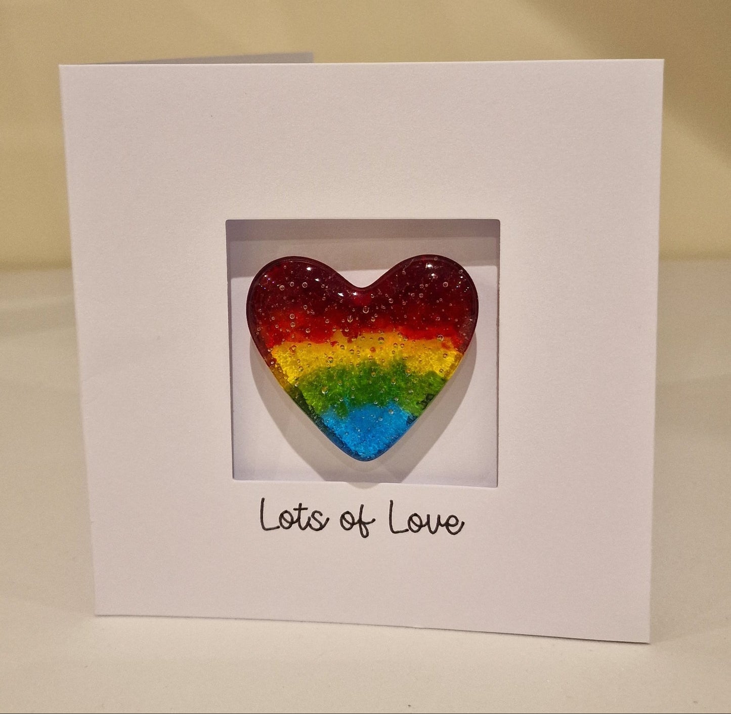 Lots of Love Card with handmade Glass Heart Keepsake/ Pocket Hug - rainbow