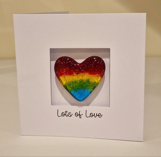 Lots of Love Card with handmade Glass Heart Keepsake/ Pocket Hug - rainbow
