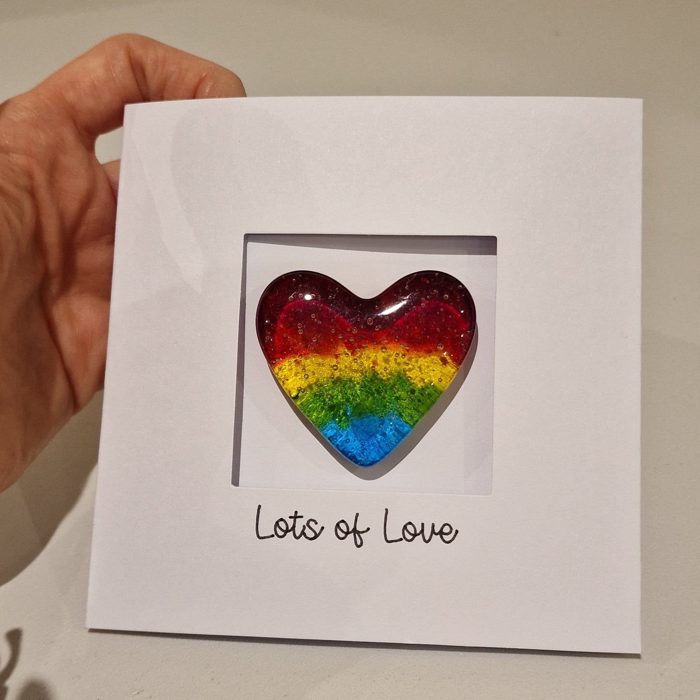 Lots of Love Card with handmade Glass Heart Keepsake/ Pocket Hug - rainbow