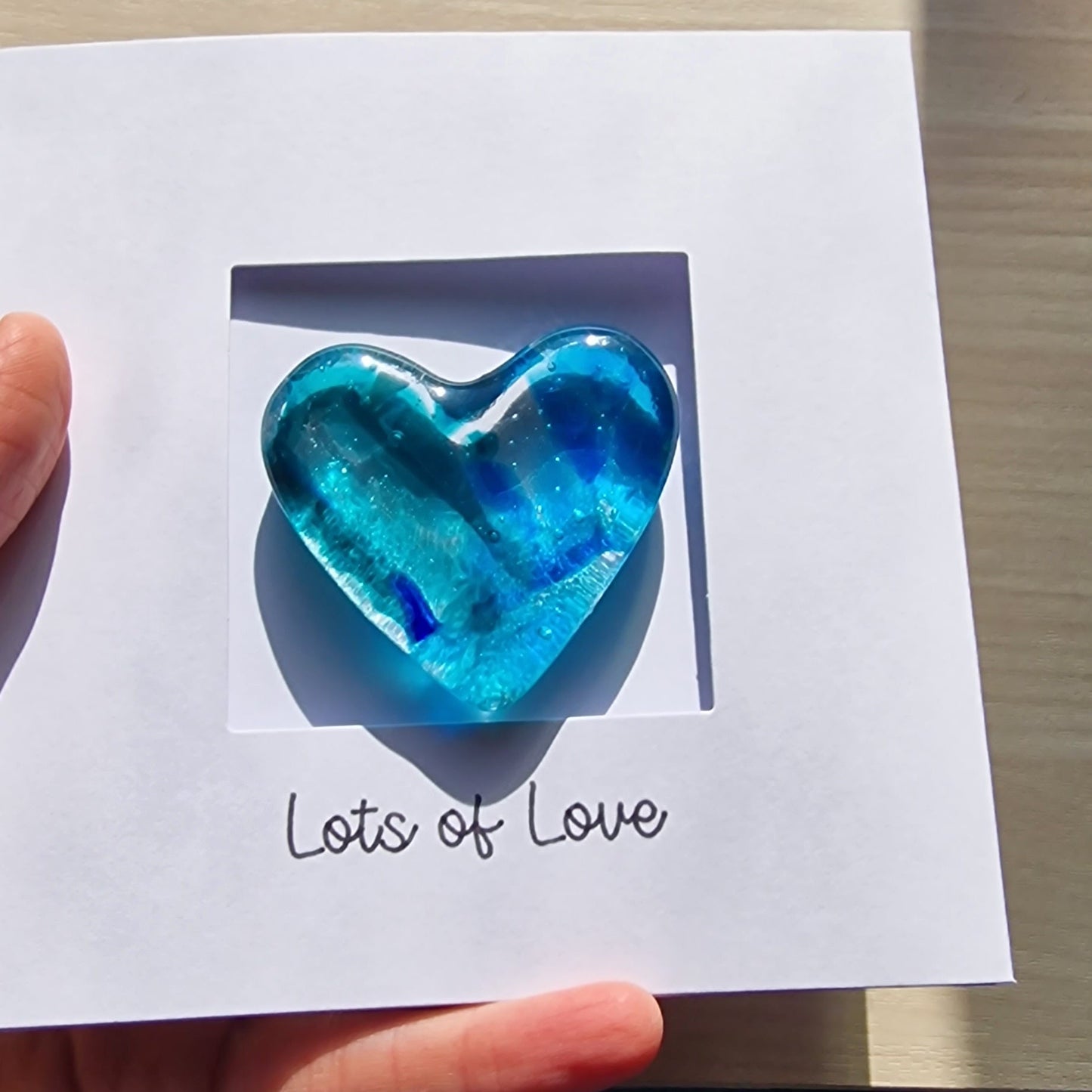 Lots of Love Card with handmade Glass Heart Keepsake/ Pocket Hug - Sea Blues