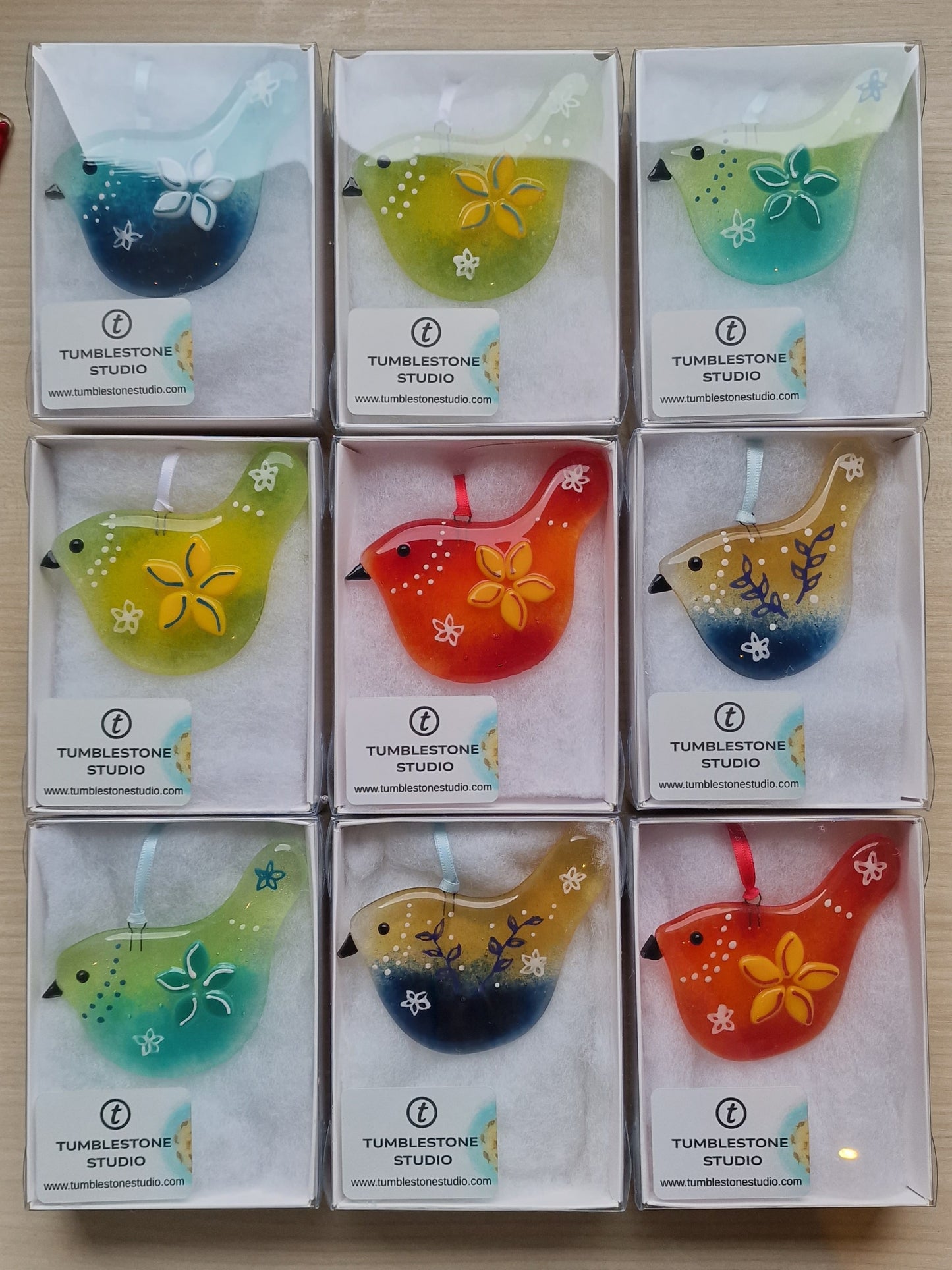 Fused glass handmade colourful bird suncatcher Blue/Amber