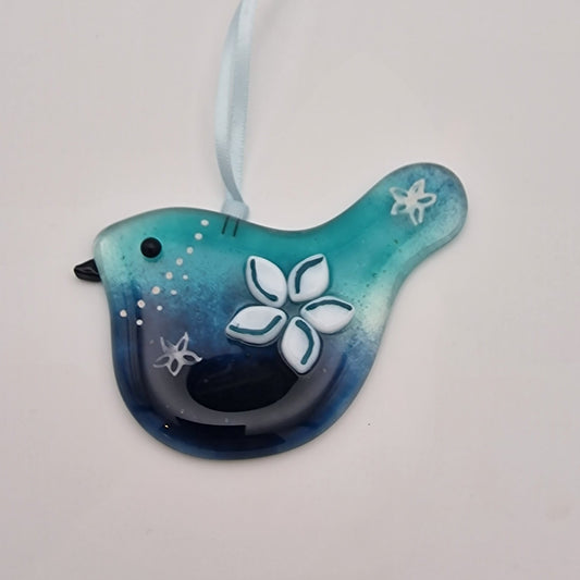 Fused glass handmade colourful bird suncatcher Blue / White