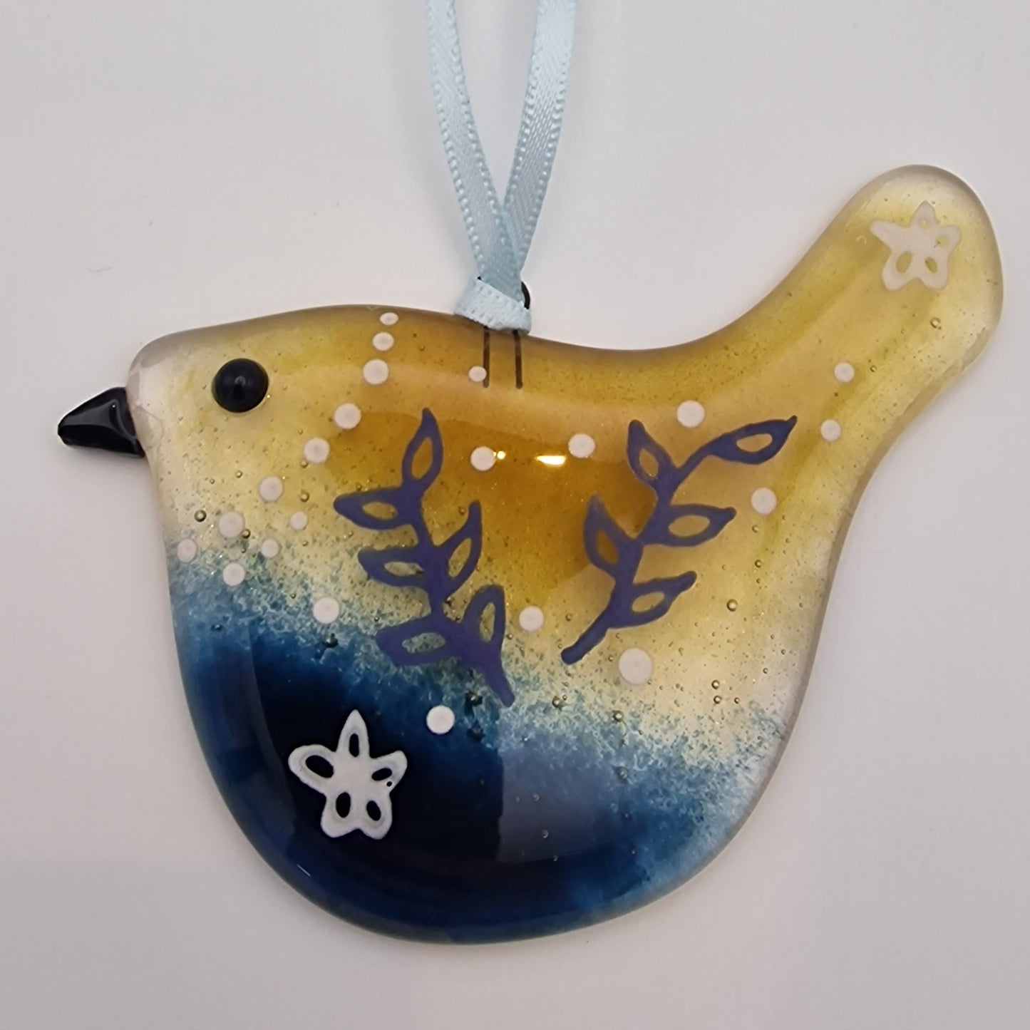 Fused glass handmade colourful bird suncatcher Blue/Amber