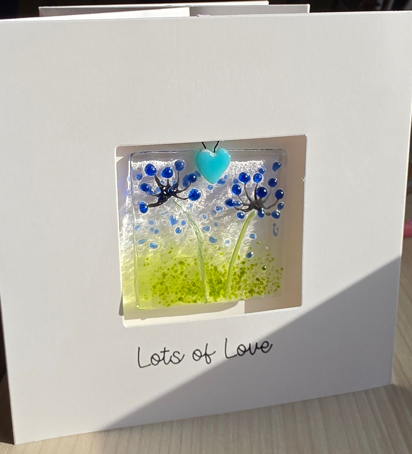 Lots of Love Card with handmade glass floral suncatcher - large square agapanthus