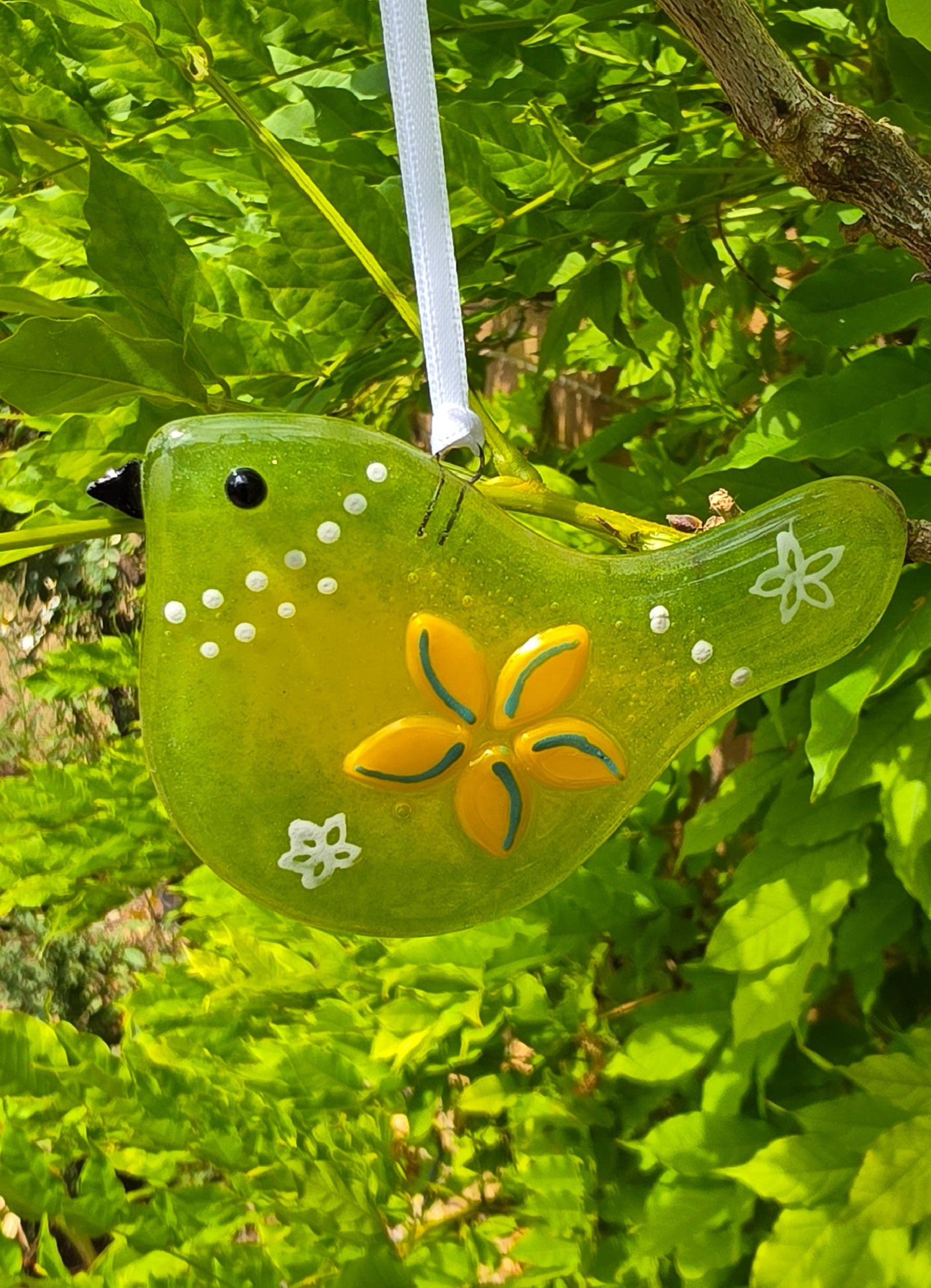 Fused glass handmade colourful bird suncatcher Green/Yellow