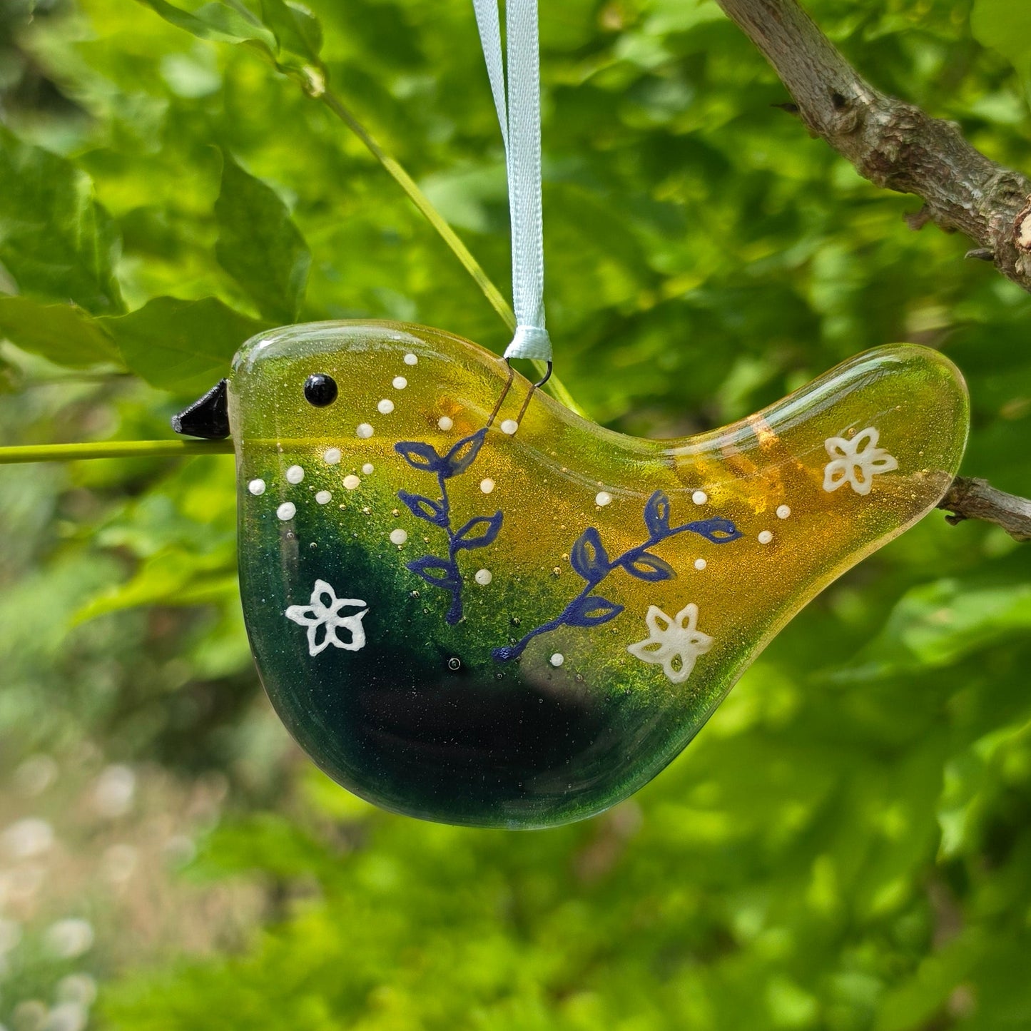 Fused glass handmade colourful bird suncatcher Blue/Amber