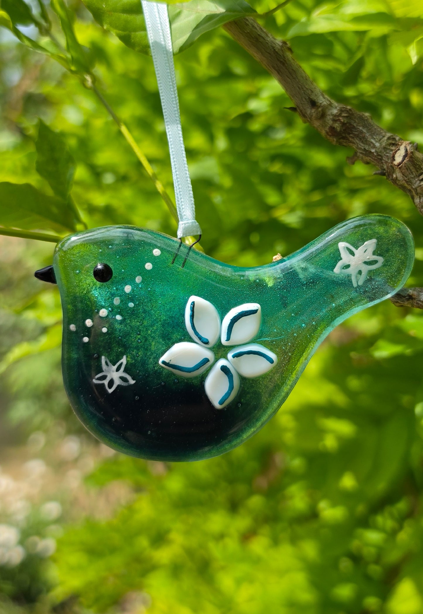 Fused glass handmade colourful bird suncatcher Blue / White