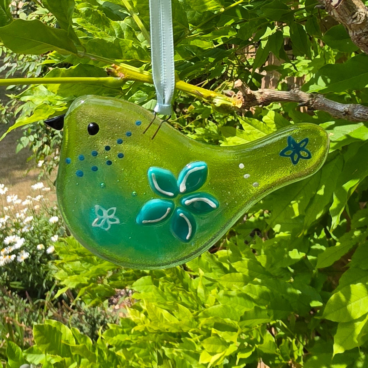 Fused glass handmade colourful bird suncatcher Blue/Green