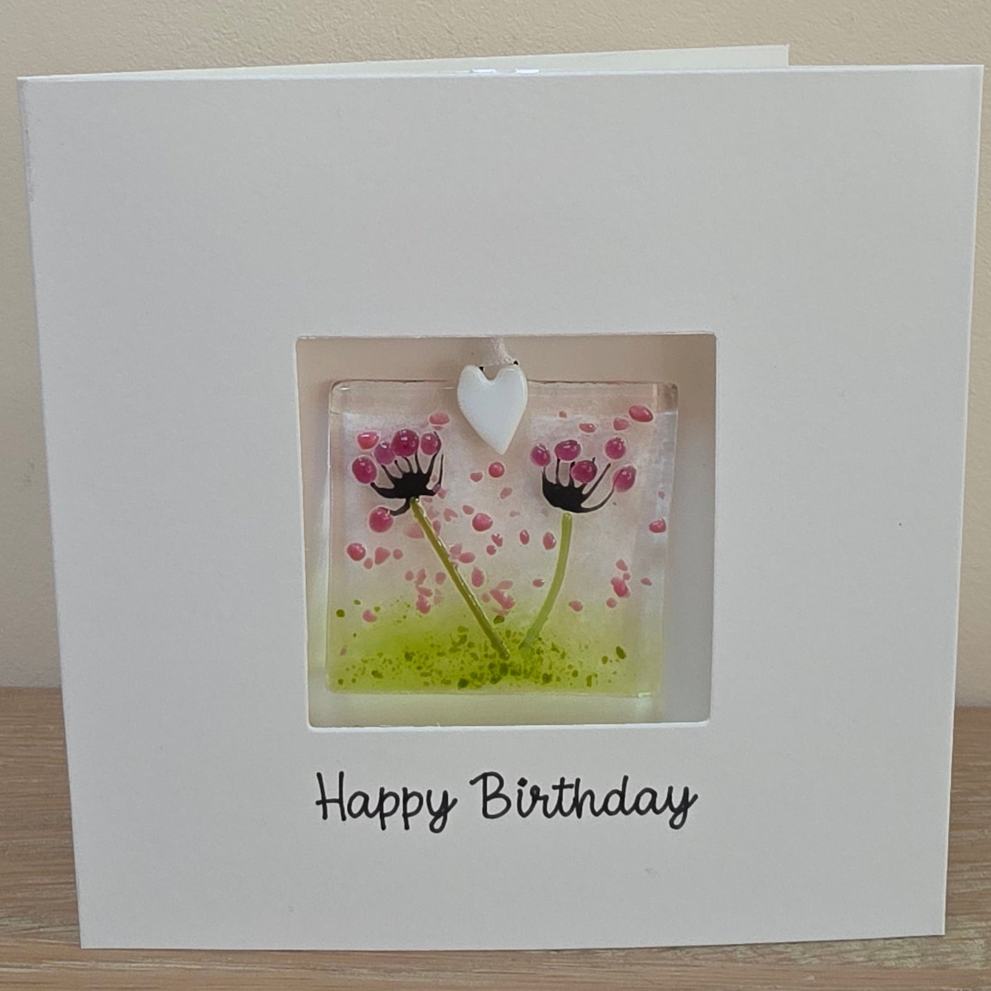 Happy Birthday card with handmade gift glass floral suncatcher - Pink Agapanthus square