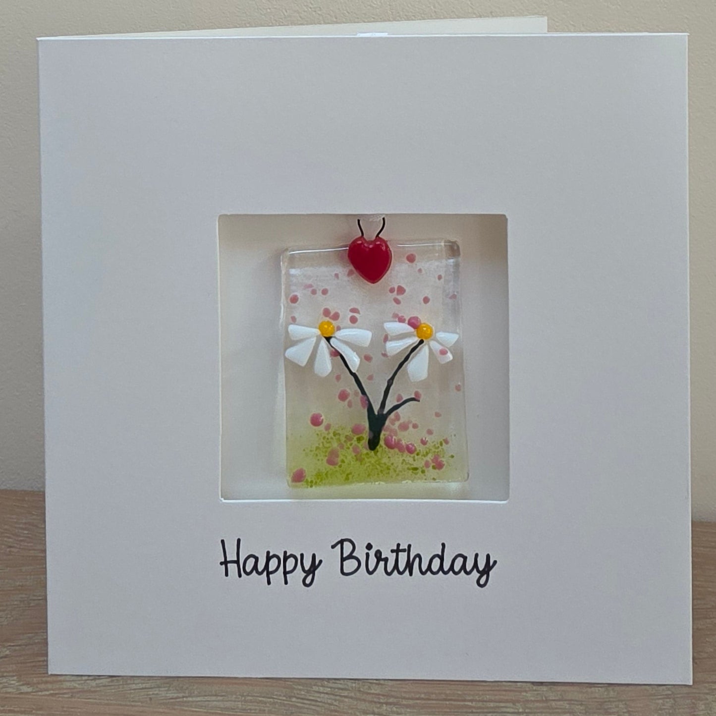 Happy Birthday card with handmade gift glass floral suncatcher -Daisies rectangle