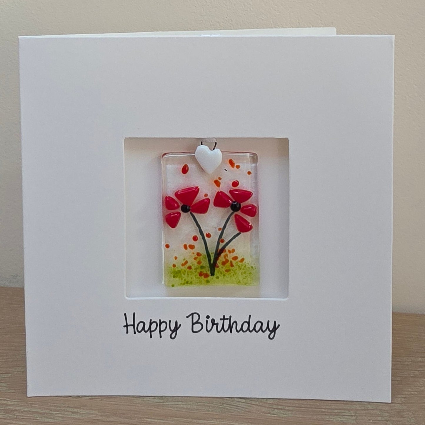 Happy Birthday card with handmade gift glass floral suncatcher - Poppies rectangular