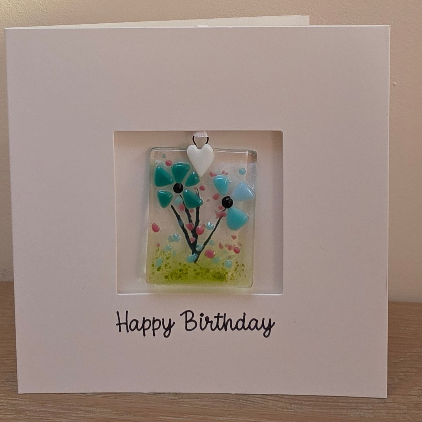 Happy Birthday card with handmade gift glass floral suncatcher -Blues rectangle